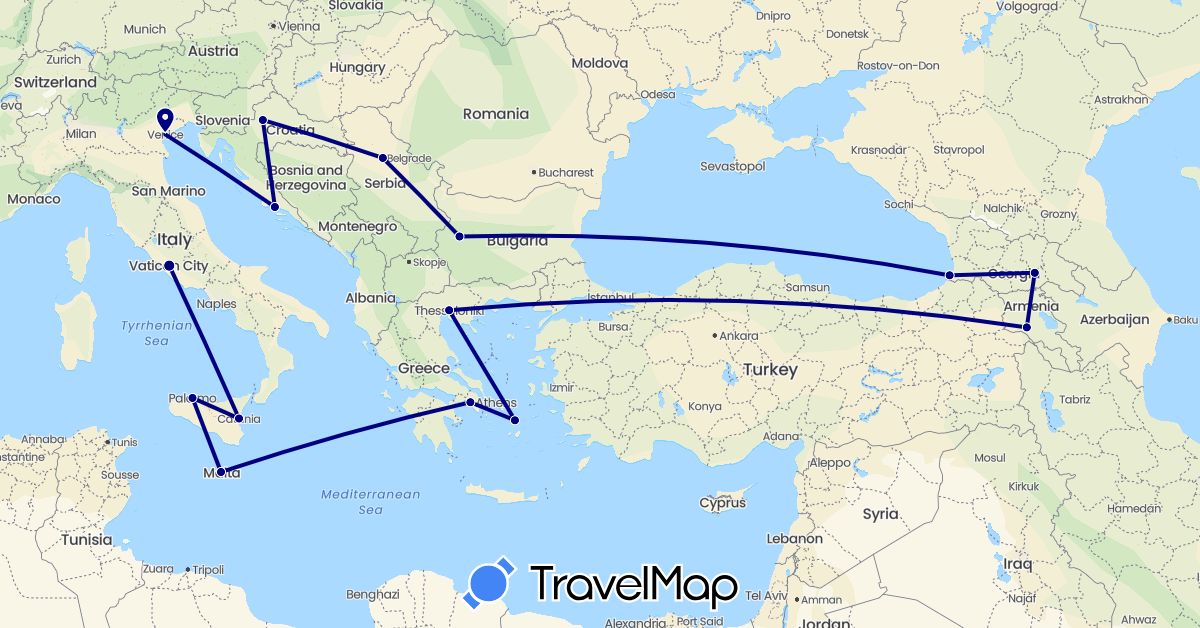 TravelMap itinerary: driving in Armenia, Bulgaria, Georgia, Greece, Croatia, Italy, Malta, Serbia (Asia, Europe)
